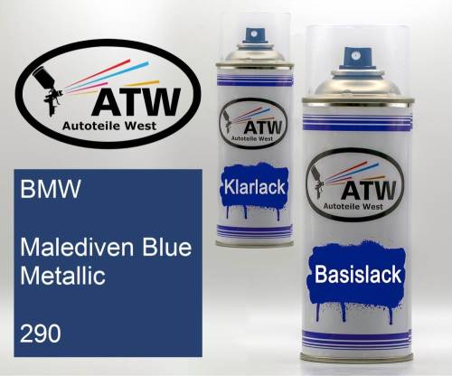 BMW, Malediven Blue Metallic, 290: 400ml Sprühdose + 400ml Klarlack - Set, von ATW Autoteile West.